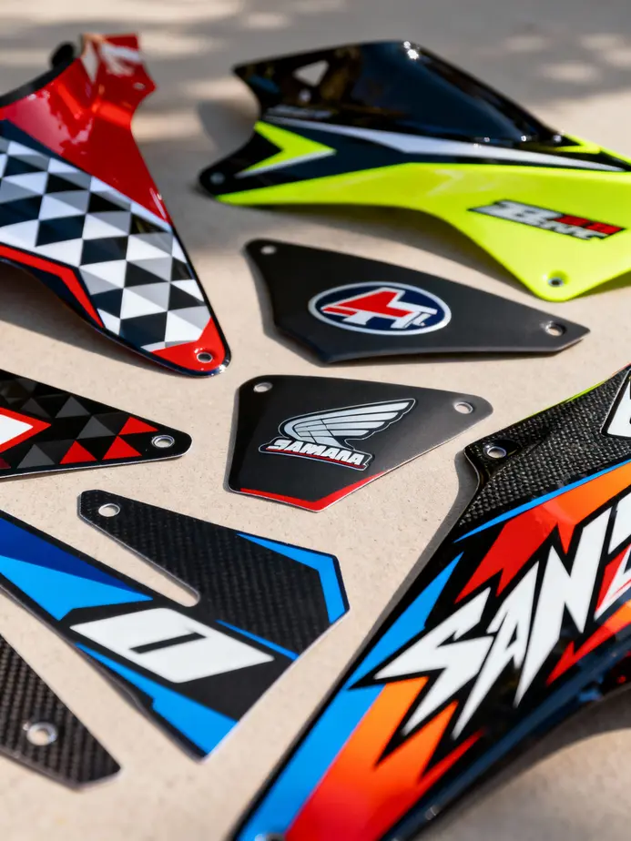 A selection of pre-made and custom motorcycle fairing decals, highlighting diversity in design and branding.