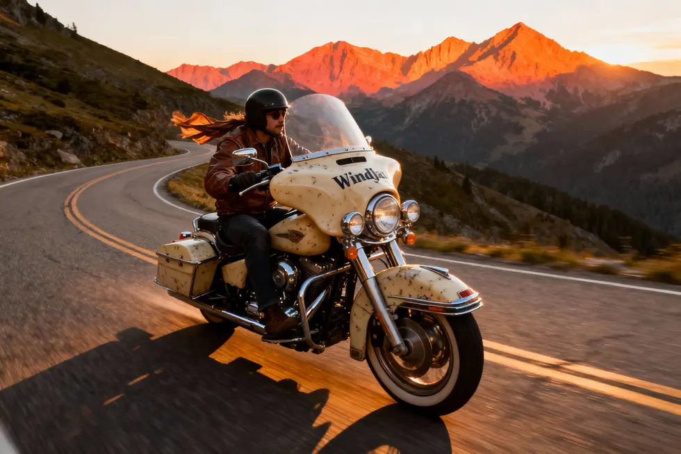 A vintage motorcycle with a Windjammer fairing riding along a picturesque road at sunset.