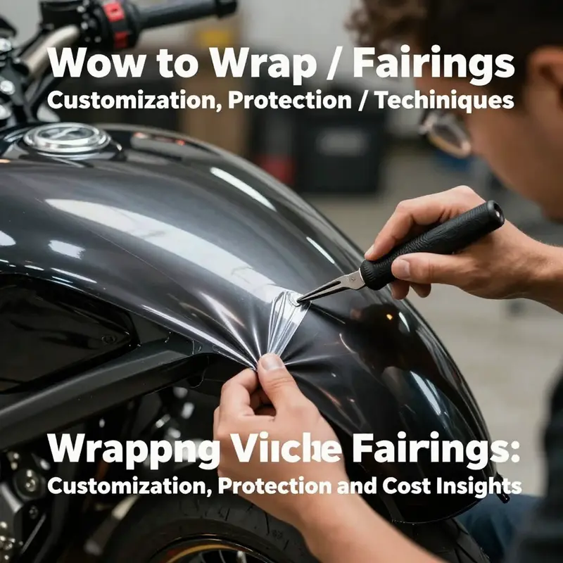 A professional wraps a motorcycle fairing using vinyl film, demonstrating the precision needed for quality results.