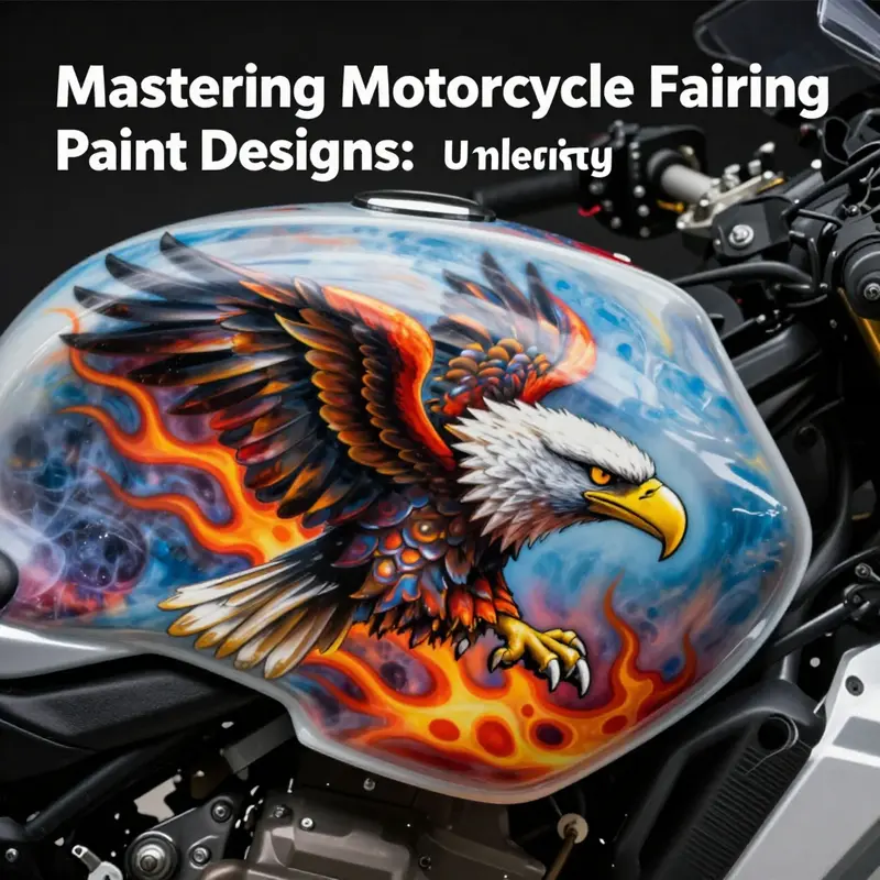 An intricate airbrushed eagle with flames on a motorcycle fairing exemplifying artistic creativity.