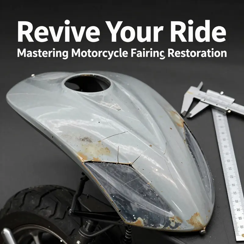 Evaluation tools next to a worn-out motorcycle fairing highlighting damages.
