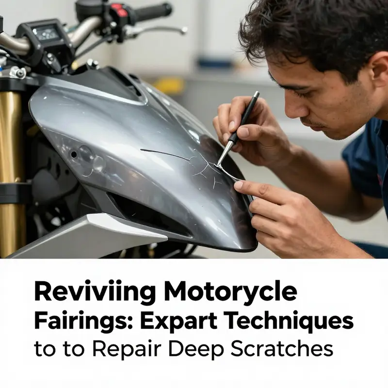 A mechanic assesses damage to a motorcycle fairing, determining the repair needs for deep scratches.