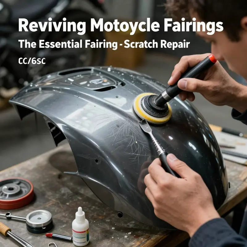 A mechanic demonstrating essential polishing techniques for motorcycle fairing scratch repair.