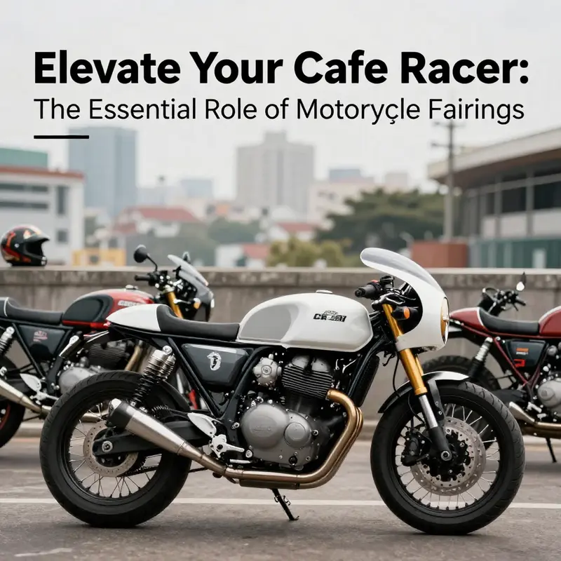 Various cafe racers with different motorcycle fairing designs set against a vibrant city backdrop.