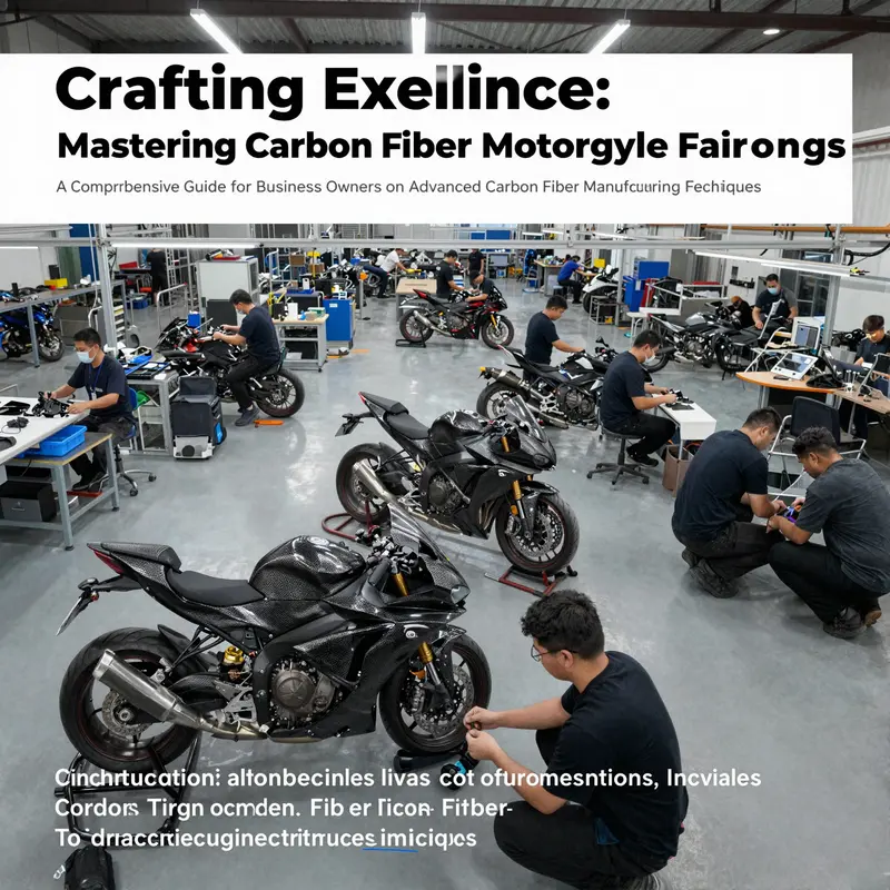 An aerial view of a carbon fiber manufacturing facility with workers engaged in fairing production.