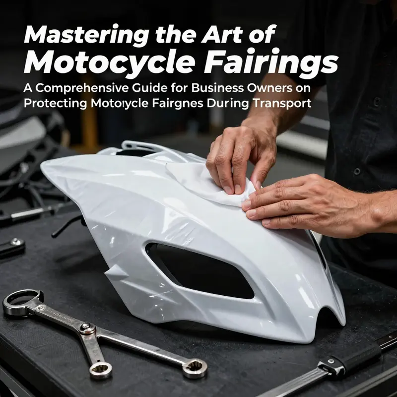 An arranged scenario with wrapped motorcycle fairings next to pristine tools, illustrating professionalism and meticulous attention to detail.