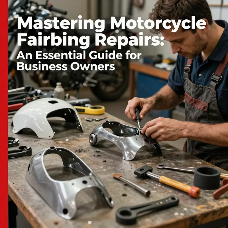 A mechanic working on motorcycle fairings with tools in a well-lit workshop.