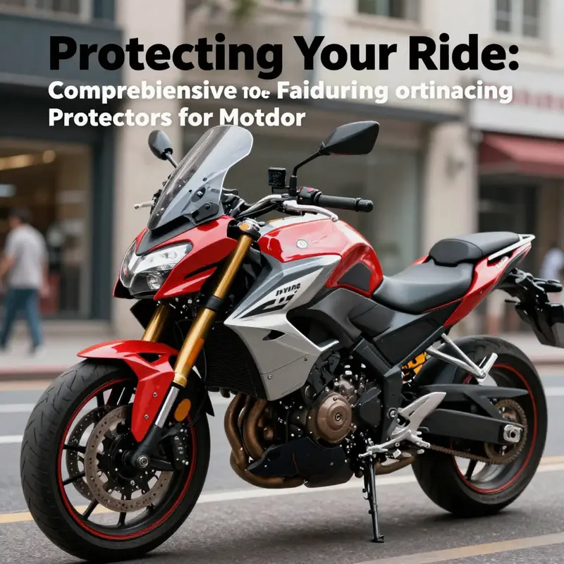 A motorcycle with fairing protectors on display in a lively city environment.