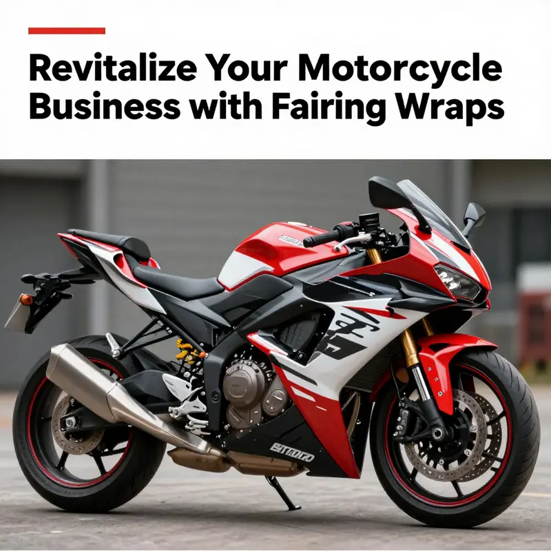 Motorcycle with colorful fairing wraps set against a blurred background.