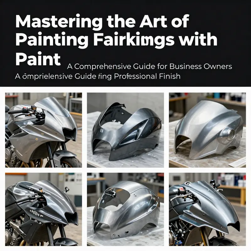 A montage illustrating the various stages of painting motorcycle fairings, from preparation to final coating.