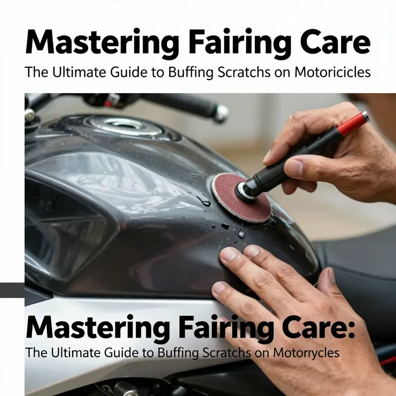 A technician professionally polishing minor scratches on a motorcycle fairing.