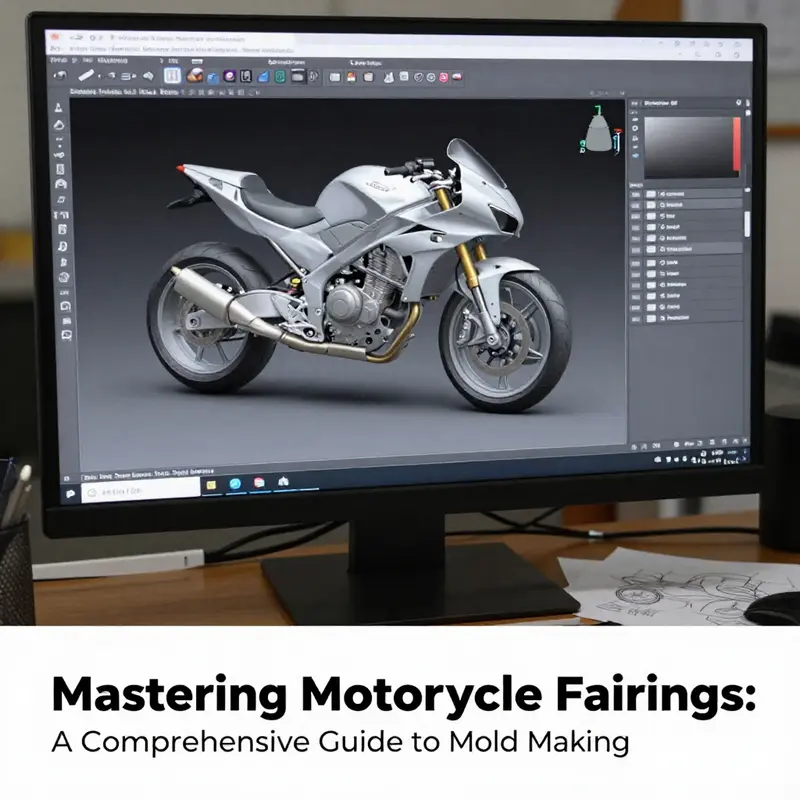 Detailed designs of motorcycle fairings being developed using advanced CAD software.