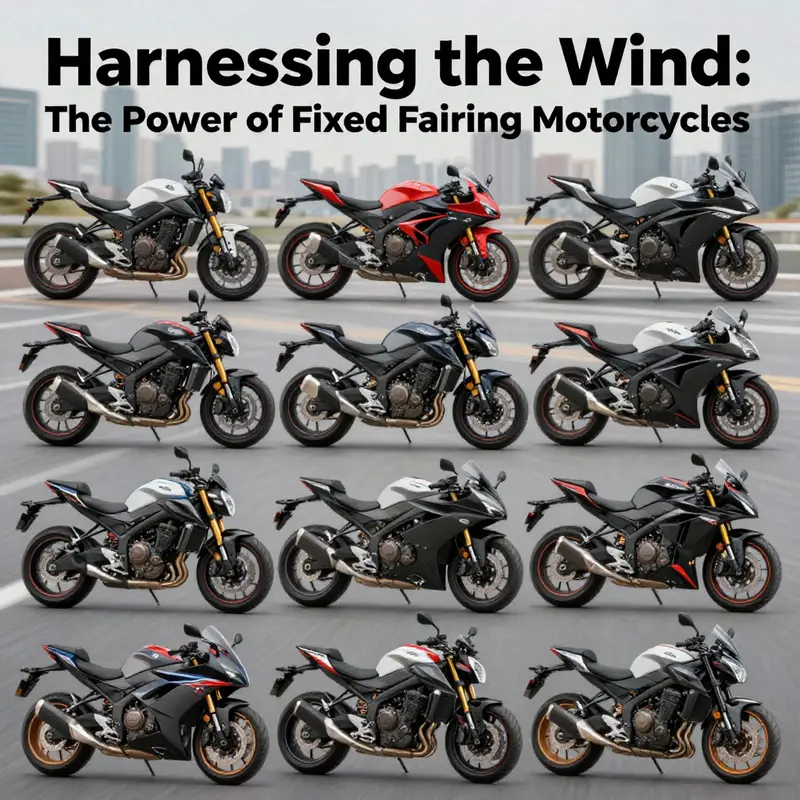 A diverse range of fixed fairing motorcycles against a city skyline, emphasizing modern design and performance nuances.