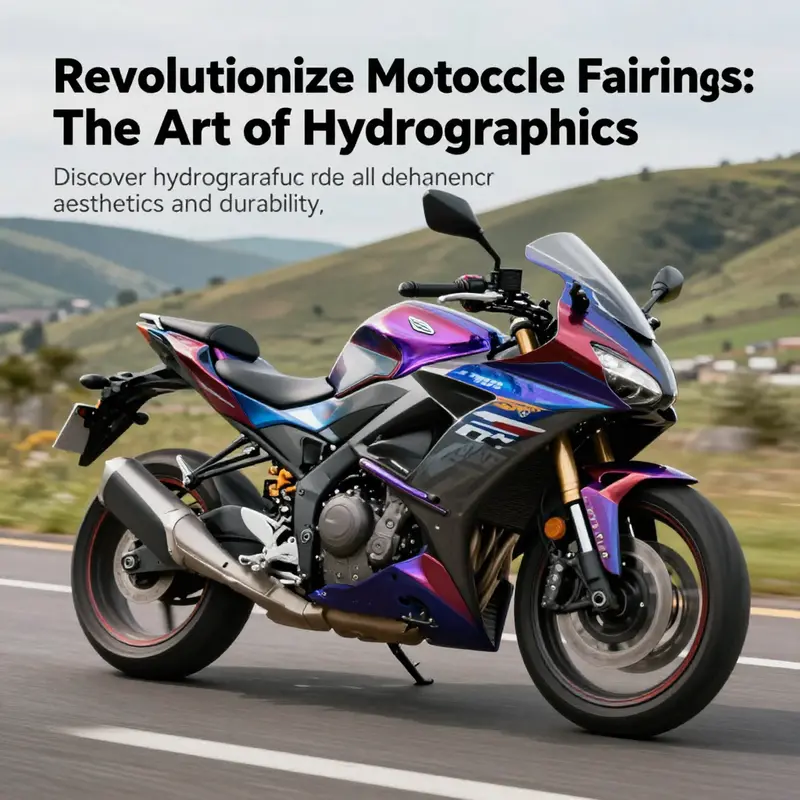A motorcycle showcasing hydrographic designs while riding through a scenic landscape.