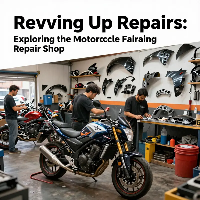 A lively motorcycle repair shop demonstrating the art and activity involved in fairing repair.