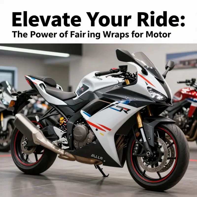 A motorcycle in a showroom, showcasing an eye-catching fairing wrap that exemplifies customization and style.