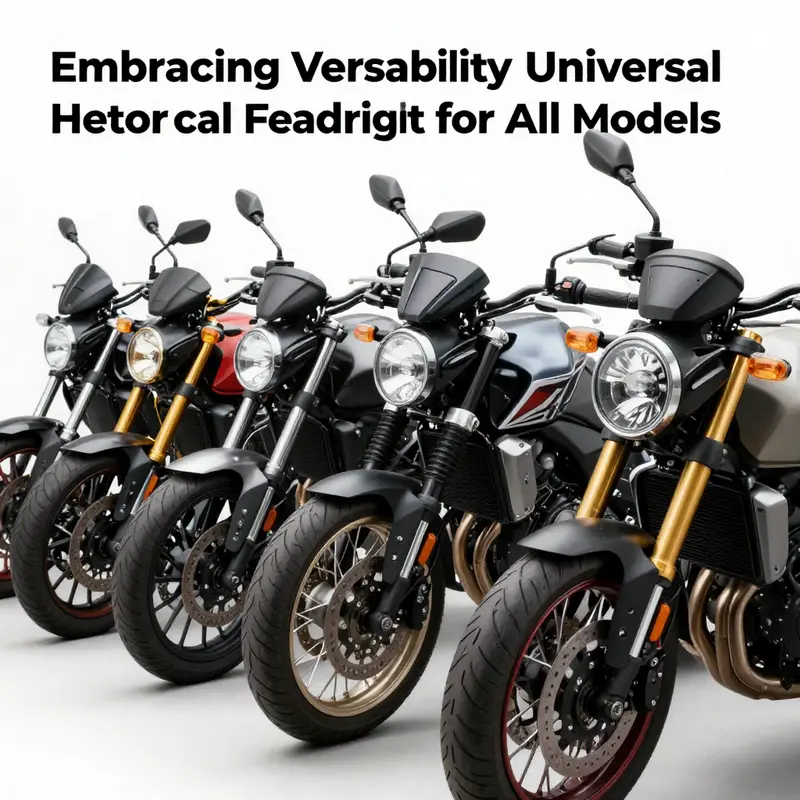 Lineup of motorcycles featuring universal headlight fairings, highlighting diverse styles and adaptations.
