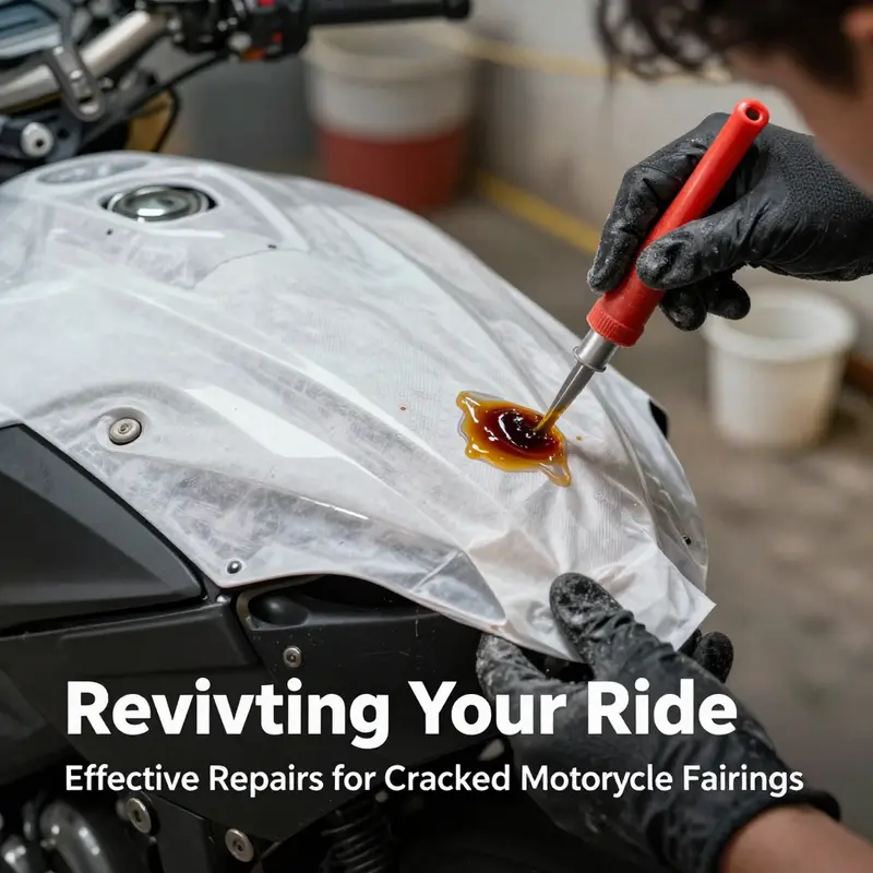 A mechanic applies a plastic repair kit to a cracked motorcycle fairing.