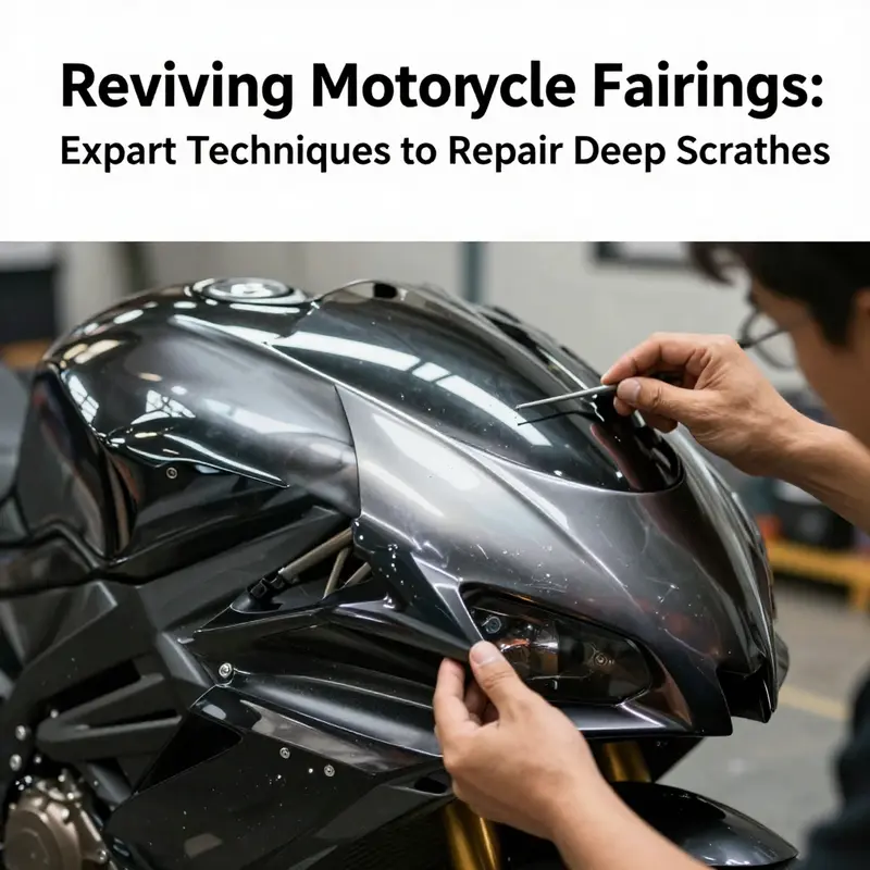 A mechanic assesses damage to a motorcycle fairing, determining the repair needs for deep scratches.