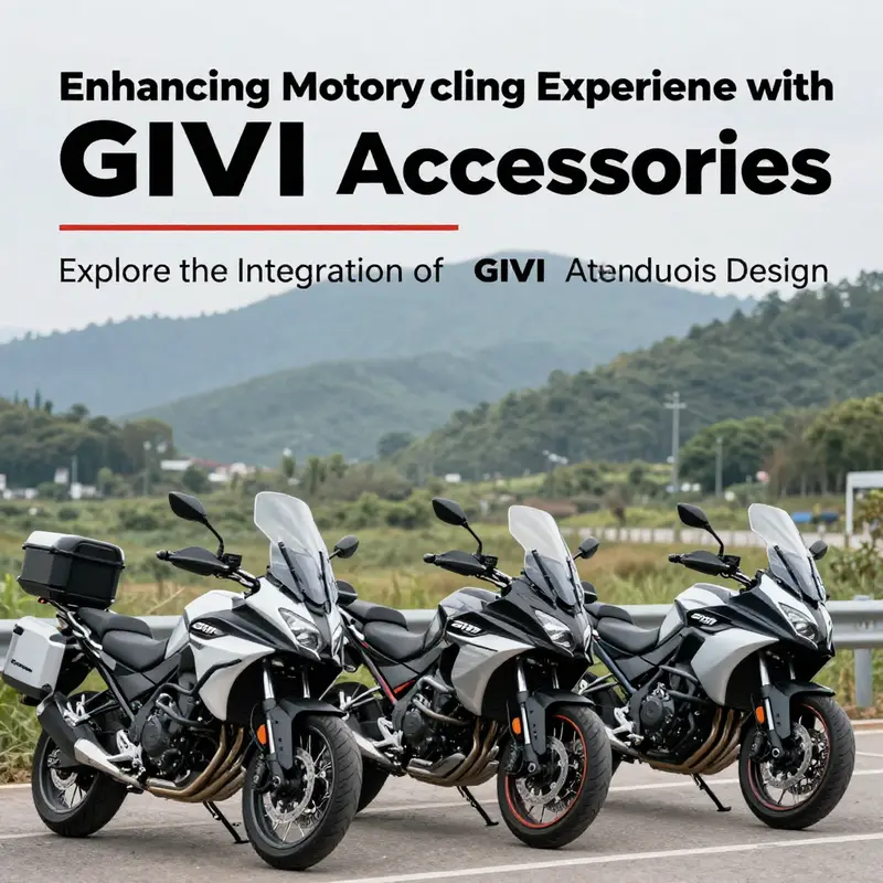A collection of motorcycles equipped with GIVI accessories against a scenic background.