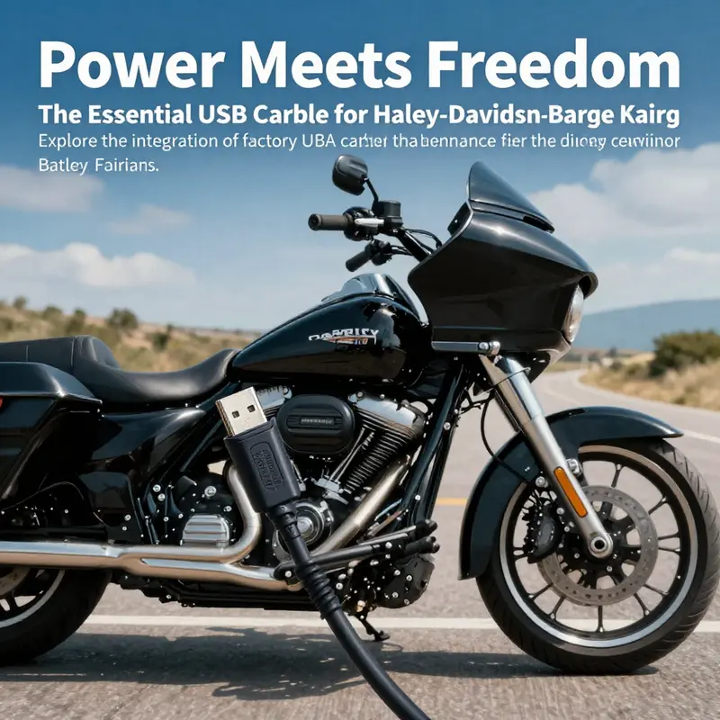 A Harley-Davidson motorcycle prominently displaying a factory USB cable, set against a backdrop of scenic roads and clear skies.