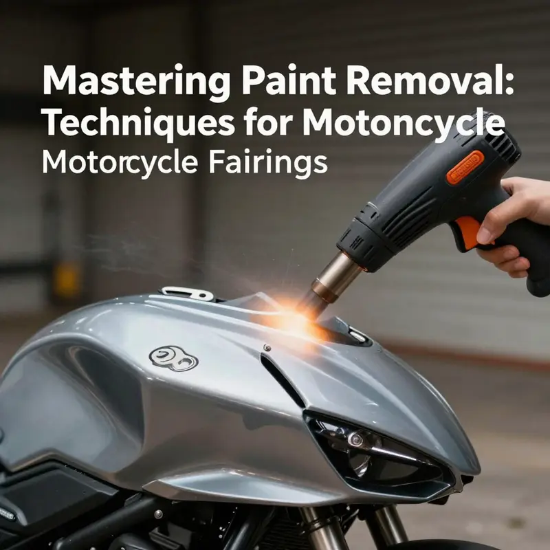 Various tools and methods for effective paint removal from motorcycle fairings.