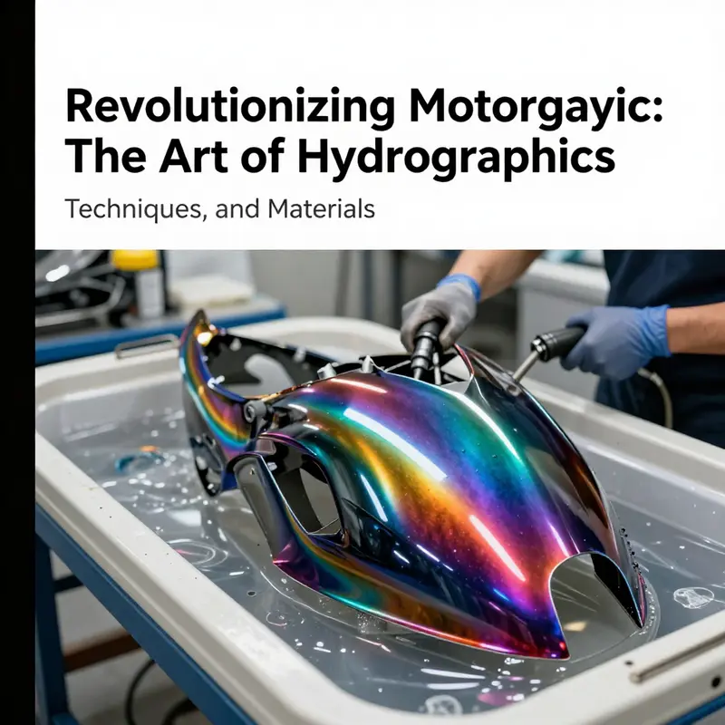 The intricate process of hydrographics showing the transfer of design onto a motorcycle fairing.