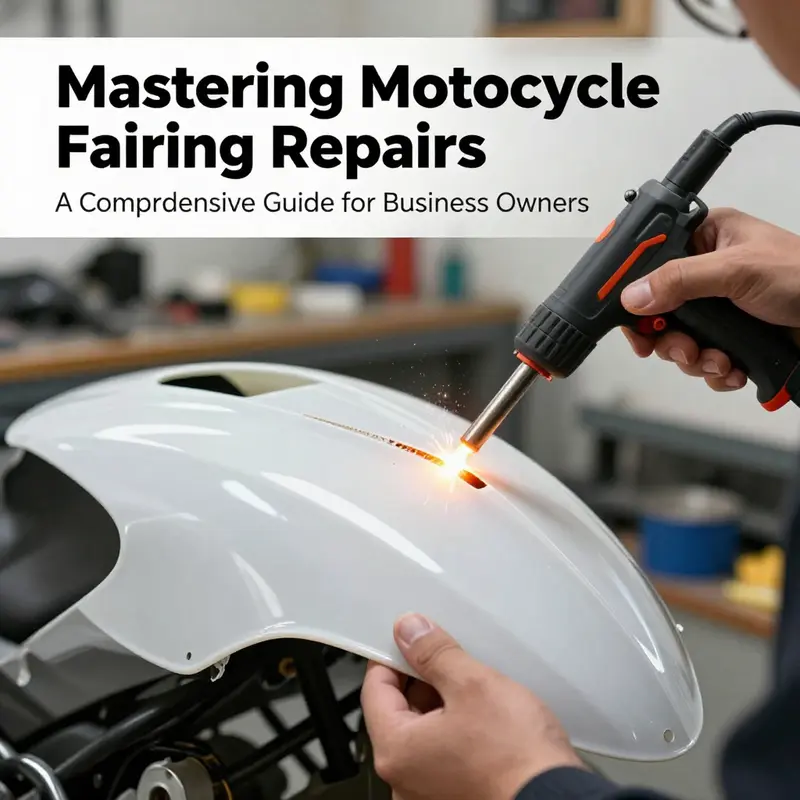A mechanic performing a repair on a motorcycle fairing using epoxy resin.