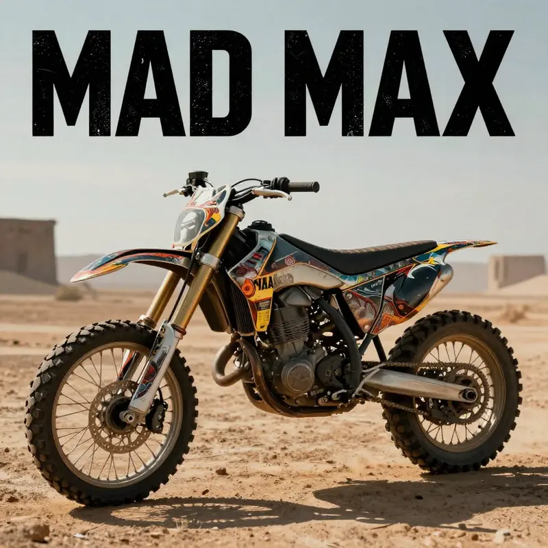 A Mad Max-style motorcycle with a rugged fairing against a barren and desolate backdrop, embodying the themes of survival.