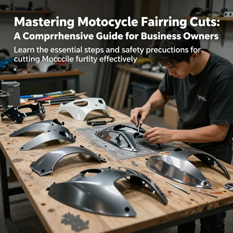 A vibrant scene in a motorcycle workshop showcasing fairings being customized and prepared for cutting.