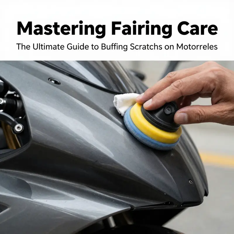 A technician professionally polishing minor scratches on a motorcycle fairing.