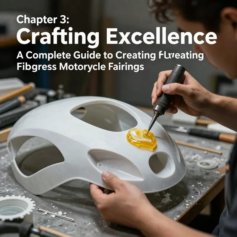 An organized workspace showcasing the essential tools for creating fiberglass motorcycle fairings.