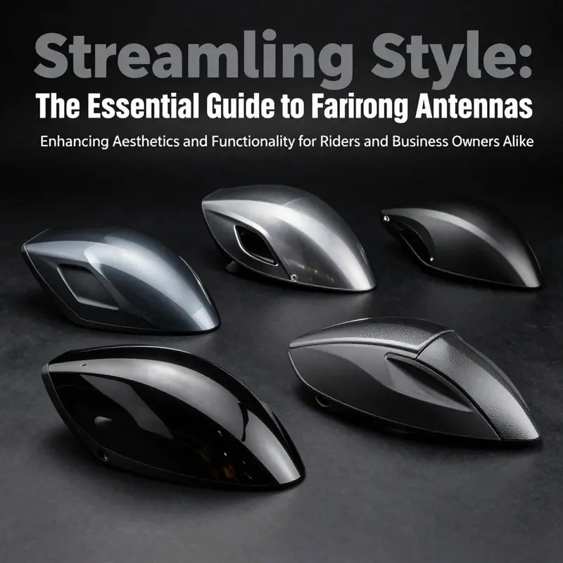 A variety of motorcycle fairing antennas displayed against a dark background, demonstrating different styles.