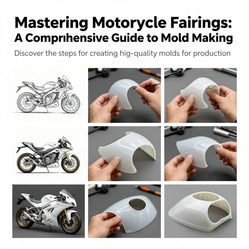 Visual representation of the motorcycle fairing mold-making process from design to production.