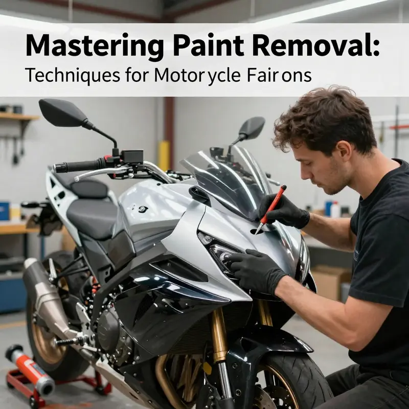 A dedicated motorcycle mechanic carefully working on removing paint from motorcycle fairings in a vibrant workshop environment.