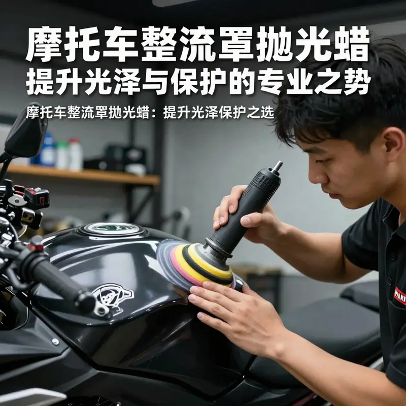 专业技师为摩托车整流罩涂抹高质量抛光蜡。