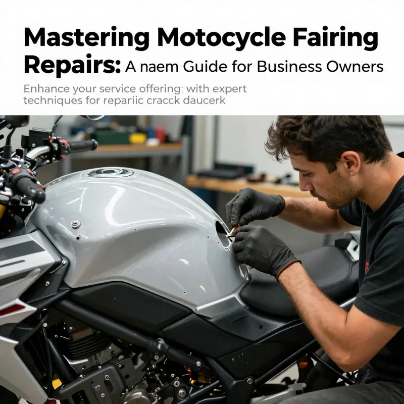 Technician at work on motorcycle fairing repairs, highlighting the repair process in a clean workshop.