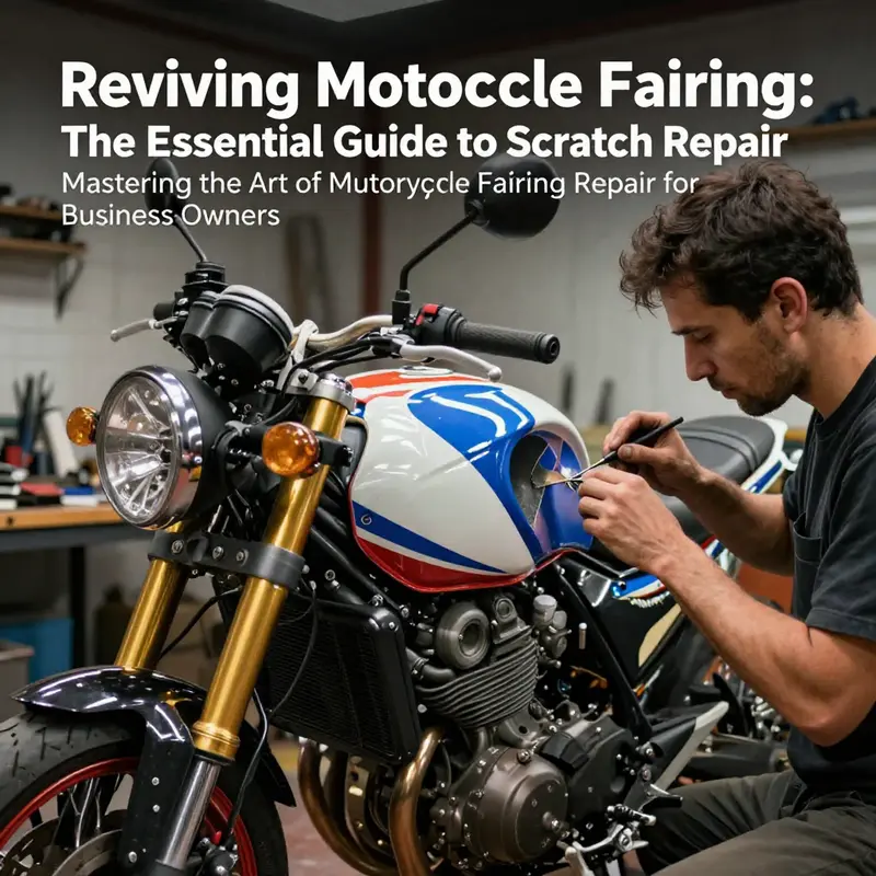 Mechanic repairing a motorcycle fairing in a workshop, emphasizing the restoration efforts.