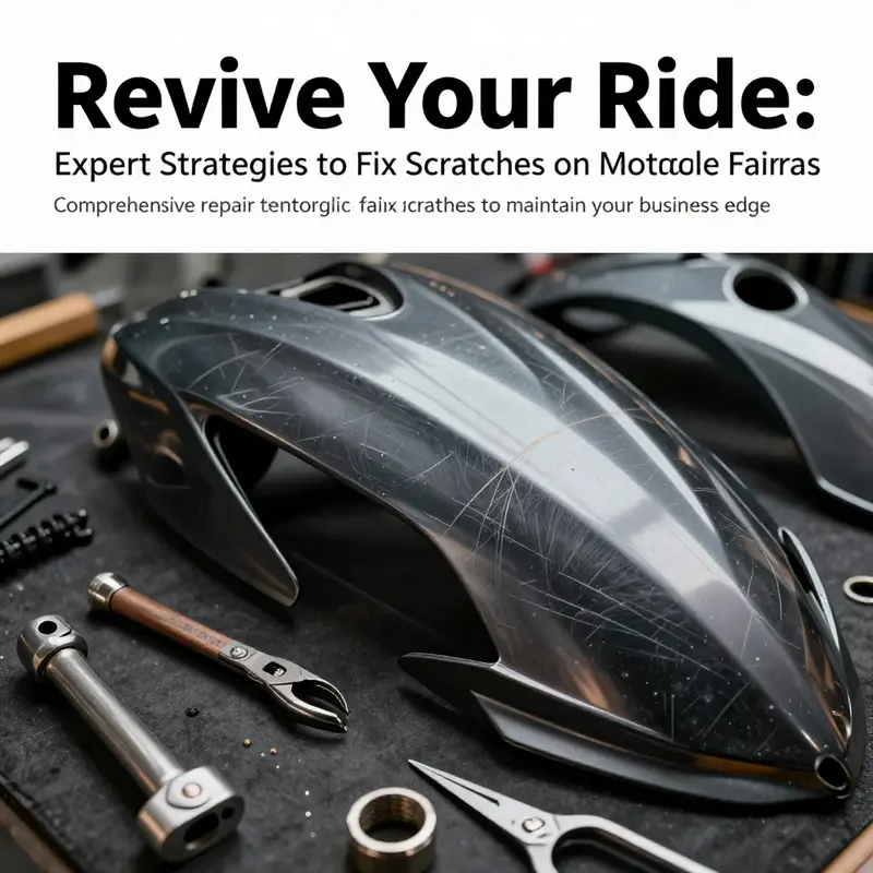 Different motorcycle fairings with visible scratches and repair tools laid out for maintenance.