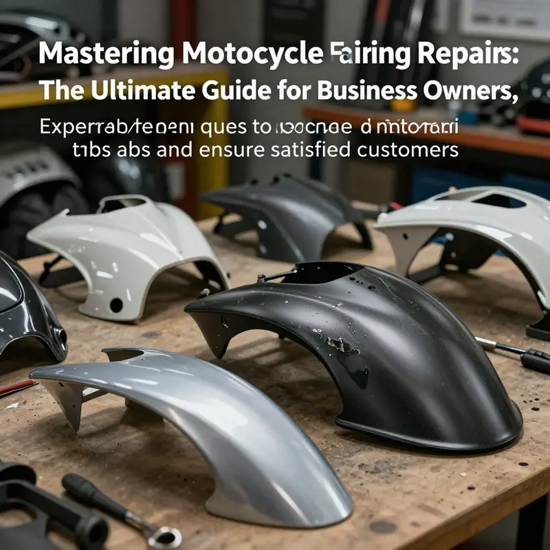 A display of various motorcycle fairings that have undergone repair on their broken tabs.