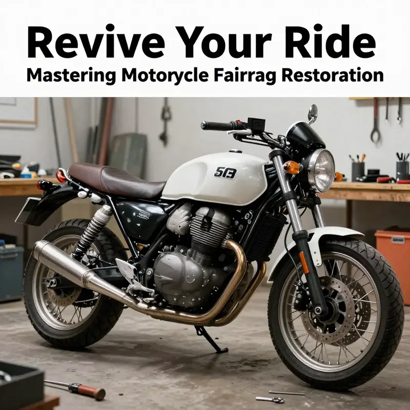 An organized motorcycle workshop with an ongoing restoration project, highlighting various tools and parts involved.