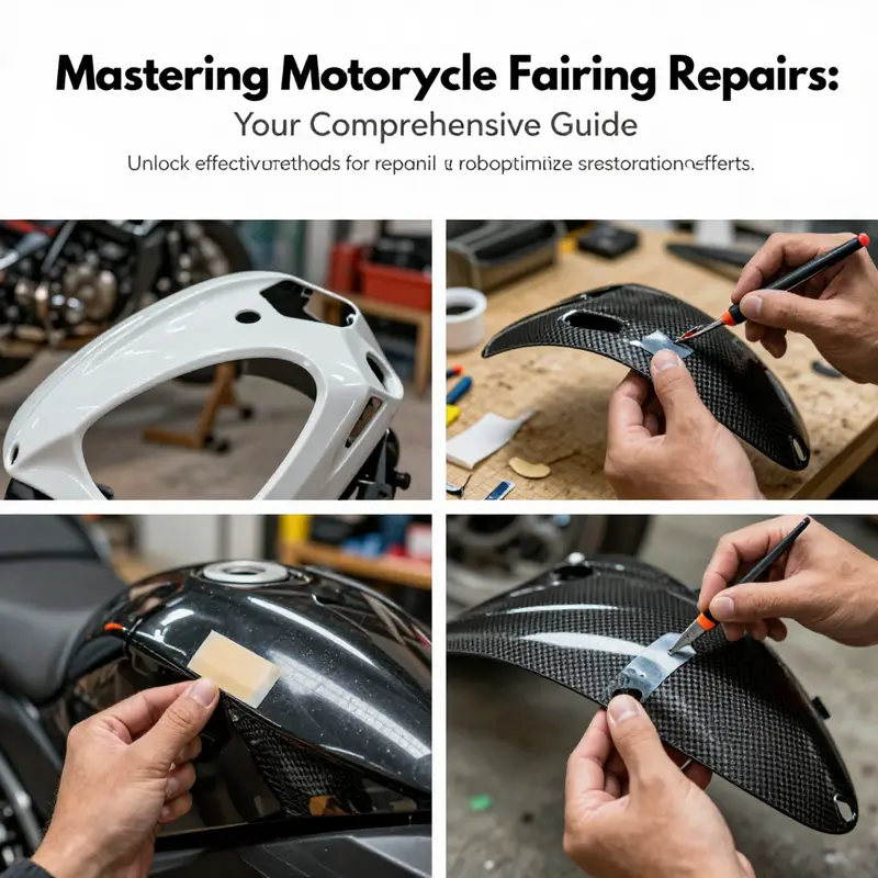 Montage of various motorcycle fairing repairs being performed.