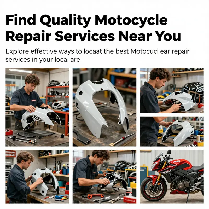 Collage of images depicting motorcycle fairing repair work, tools, and enthusiastic mechanics.