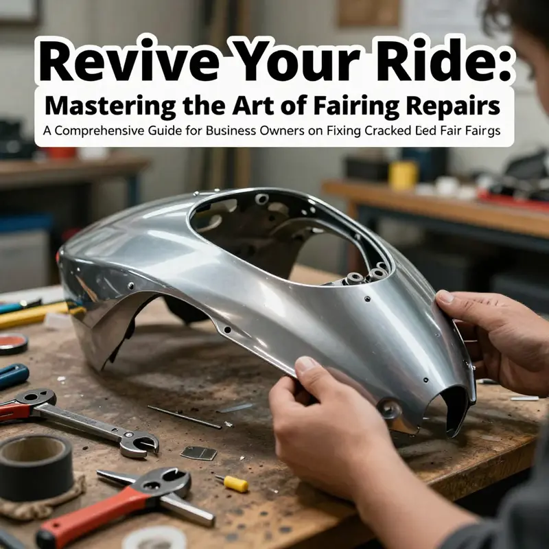 Workstation image depicting tools and materials for motorcycle fairing repair.