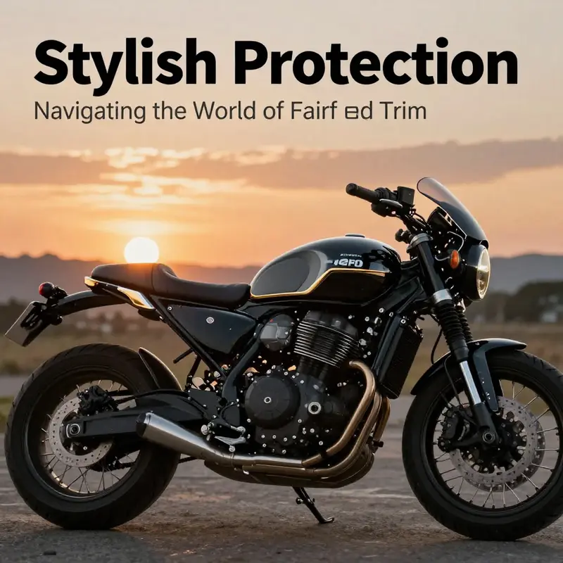 A custom motorcycle with elegant fairing trim highlighted against a sunset background.