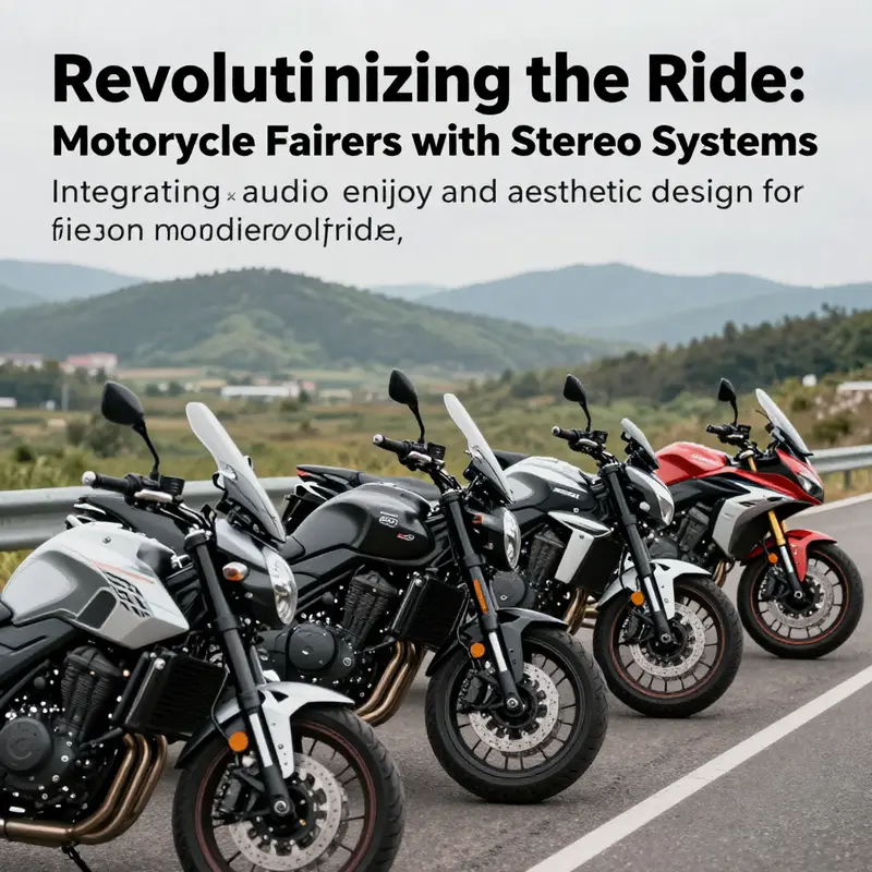 Panoramic view of various motorcycles equipped with fairings and integrated stereo systems, set against a scenic backdrop.