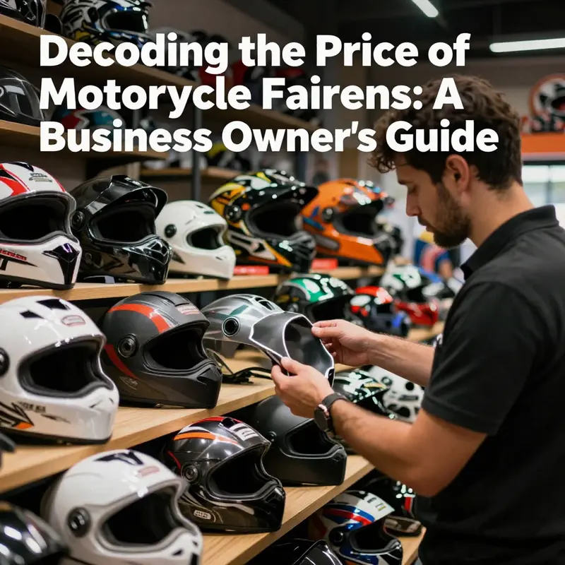 A motorcyclist looking at different motorcycle fairings in a store, showcasing the variety available.