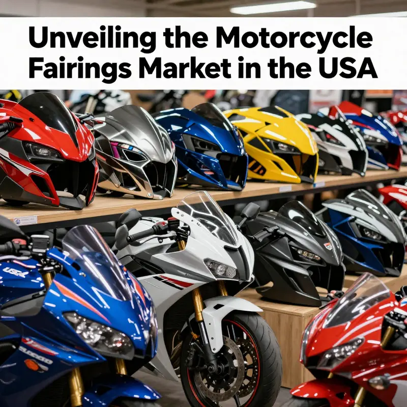 Various motorcycle fairings presented in a retail environment, demonstrating the diversity available to consumers.