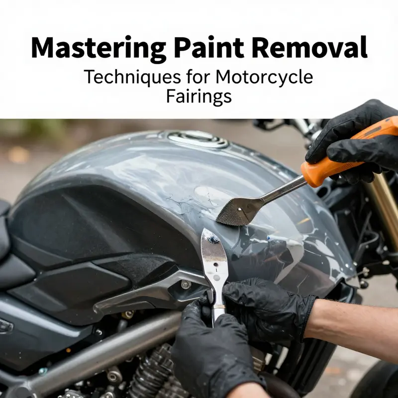 Various tools and methods for effective paint removal from motorcycle fairings.