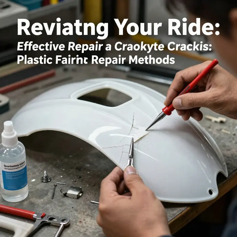 A mechanic applies a plastic repair kit to a cracked motorcycle fairing.